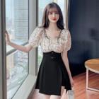 Set: Puff-sleeve Floral Panel Mini A-line Dress + Shorts