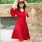 Ruffle Short-sleeve A-line Dress Red - One Size