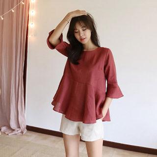 3/4-sleeve Ruffle-trim Linen Top