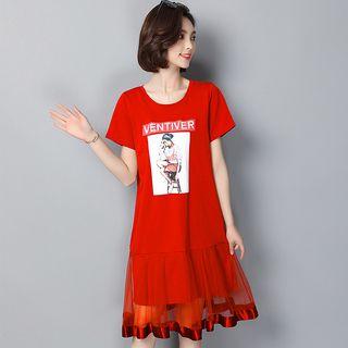 Printed Short-sleeve Sheer Panel Dress