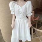 Short-sleeve Embellished Shirred A-line Dress White - One Size