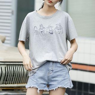 Cartoon Print Short-sleeve T-shirt Gray - One Size