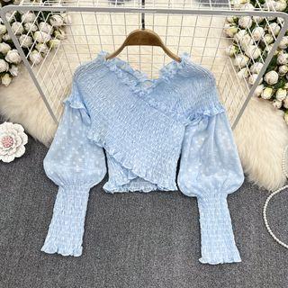 Long Sleeve V-neck Smocked Chiffon Blouse
