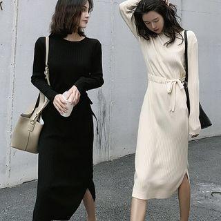 Plain Crewneck Lace-up Long-sleeve Knit Dress