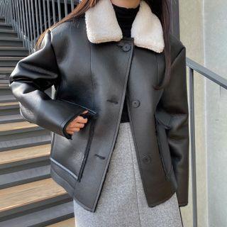 Fleece-lined Faux Leather Button-up Jacket Black - One Size