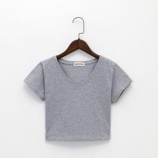 Plain V-neck Cropped T-shirt