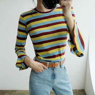 Ruffle-cuff 3/4-sleeve Striped T-shirt