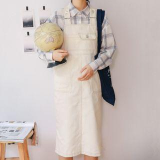 Pocketed Side Slit Midi Denim Dungaree Dress