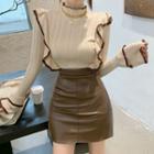 Mock-neck Frill Trim Knit Top / Faux Leather Mini Skirt