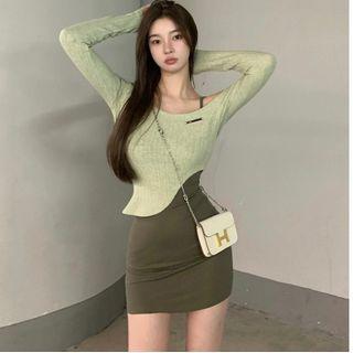 Spaghetti Strap Mini Dress / Long-sleeve Asymmetrical Top