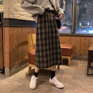 Plaid High-waist Loose-fit A-line Skirt Dark Brown - One Size