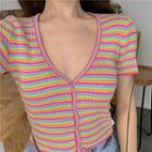 Short-sleeve Striped Buttoned Knit Top Stripes - Pink & Blue & Green - One Size