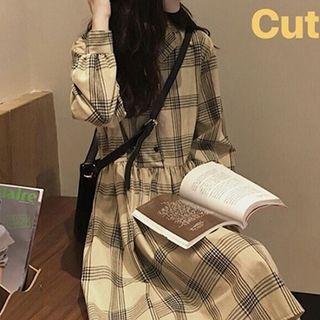 Long-sleeve Plaid A-line Shirt Dress Light Khaki - One Size