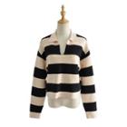 Open-placket Striped Collared Sweater