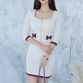 Set: Square-neck Contrast-trim Zip-up Top + Mini Skirt