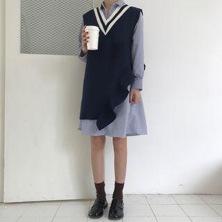 Asymmetric Ruffle V-neck Knit Vest / Striped Shirtdress Blue - One Size