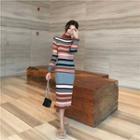 Long-sleeve Striped Midi Sheath Knit Dress As Shown In Figure - One Size