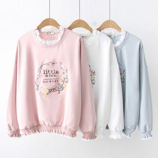 Ruffled Trim Flora Embroidered Pullover