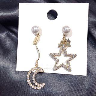 Non-matching Faux Pearl Rhinestone Moon & Star Dangle Earring Gold - One Size