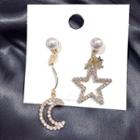 Non-matching Faux Pearl Rhinestone Moon & Star Dangle Earring Gold - One Size