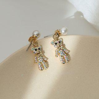 Faux Pearl Rhinestone Bear Drop Earring 1 Pair - Gold - One Size