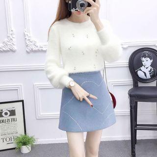 Set: Beaded Knit Top + Heart Print A-line Skirt