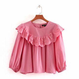 Balloon-sleeve Eyelet Trim Blouse