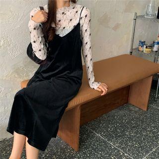 Floral Print Long-sleeve Top / Midi A-line Pinafore Dress