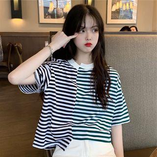Striped Irregular Hem Elbow-sleeve T-shirt