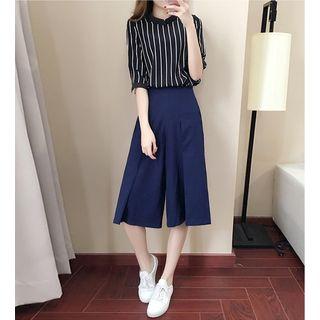 Set: Striped Elbow-sleeve Top + Cropped Wide-leg Pants