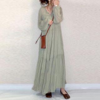 V-neck Plain Maxi A-line Dress Light Green - One Size