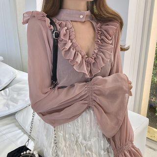 Ruffle Trumpet Cuff Chiffon Blouse Mauve Pink - One Size