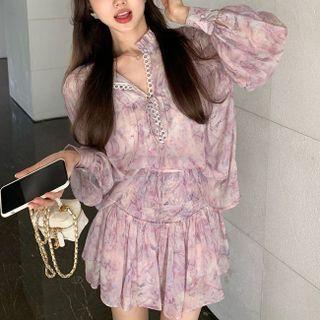 Lantern-sleeve Floral Print Blouse / Mini A-line Skirt / Camisole Top
