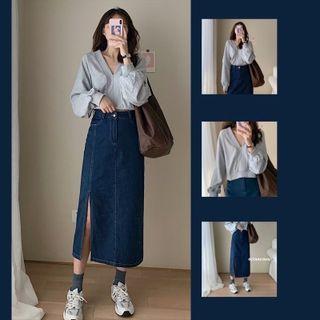 Long Sleeve V-neck Plain Sweatshirt / Slit Denim Midi Skirt / Set