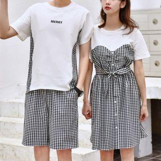 Couple Matching Short-sleeve Plaid Panel Dress / Short-sleeve Plaid Panel T-shirt / Plaid Shorts / Set