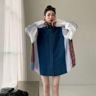 Pattern Panel Denim Mini Shirtdress Red & Denim Blue & White - One Size