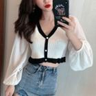 Long-sleeve V-neck Button-up Knit Crop Top