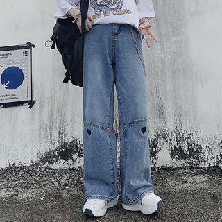 Heart Embroidered Wide-leg Jeans / Distressed Jeans / Belt