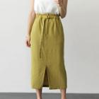 Belted-detail Slit-front Midi Skirt