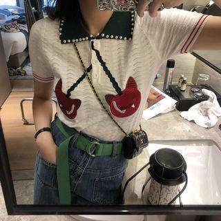 Short-sleeve Cherry Embroidered Polo Shirt White - One Size