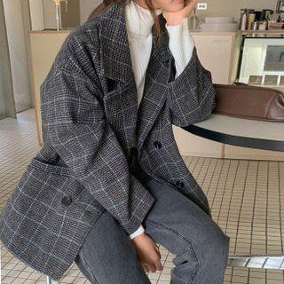 Double-breasted Check Jacket Charcoal Gray - One Size