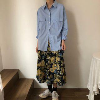 Long-sleeve Plain Shirt / Printed A-line Midi Skirt