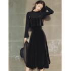 Set: Long-sleeve Top + Velvet Midi A-line Overall Dress