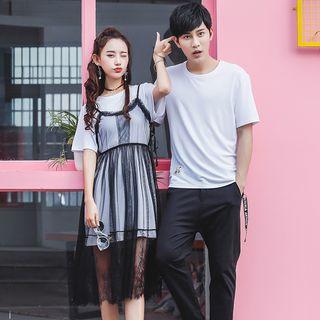 Couple Matching Short-sleeve T-shirt / Set: Short-sleeve T-shirt + Strappy Lace Dress