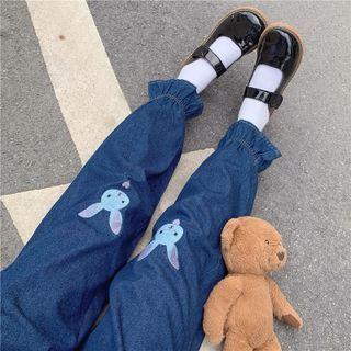 Rabbit Embroidered Ruffle Hem Harem Jeans