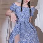 Set: Short-sleeve Floral Mini Sheath Dress + Slit Midi A-line Skirt