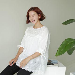 Balloon-sleeve Eyelet-lace Blouse Ivory - One Size