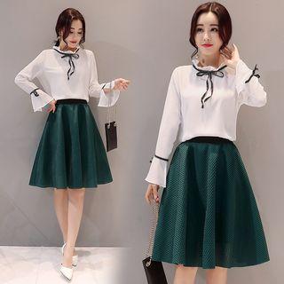 Set : Frill Trim Long-sleeve Blouse + Skirt