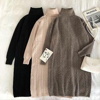 Plain Turtle-neck Long-sleeve Cable-knit Dress