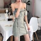 Zip-up Off-shoulder Washed Denim Sheath Dress